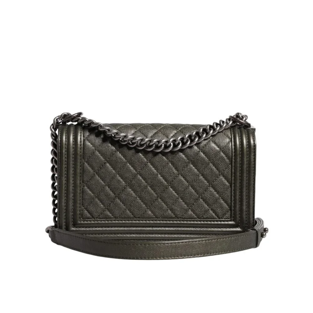 Chanel Dark Green Leather Shoulder Bag Gray Metal Purse Bag - Picture 2 of 8